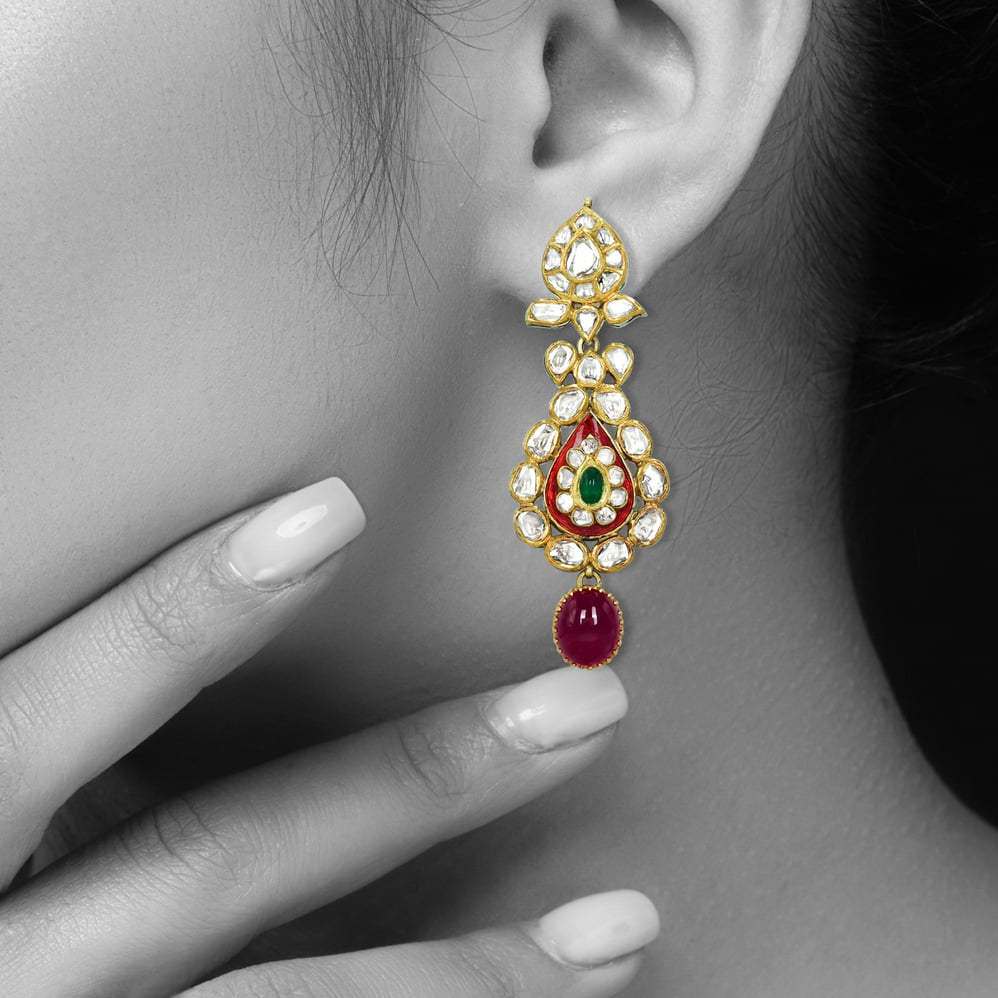 Polki Necklace Set with Emerald and Ruby Cabochons